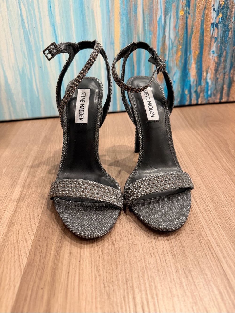 New Steve Madden Silver Glitter & Rhinestone Ankle-Strap Heels